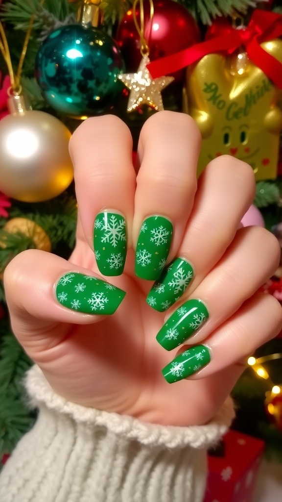 Green Christmas nail art with snowflakes and gold accents on a festive background.